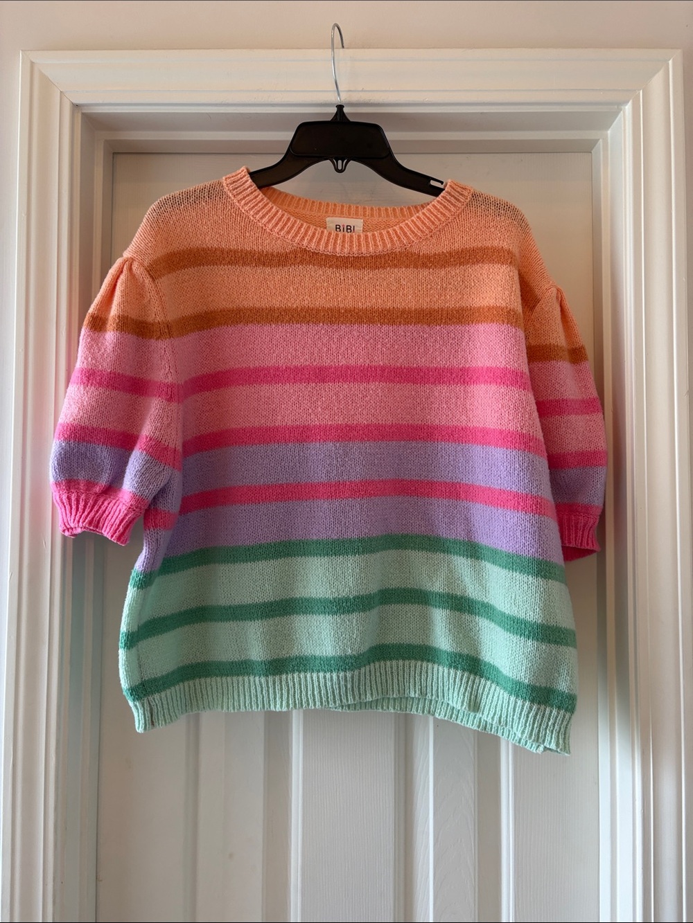 BIBI Pastel Rainbow Striped Short-Sleeve Sweater Women’s XL